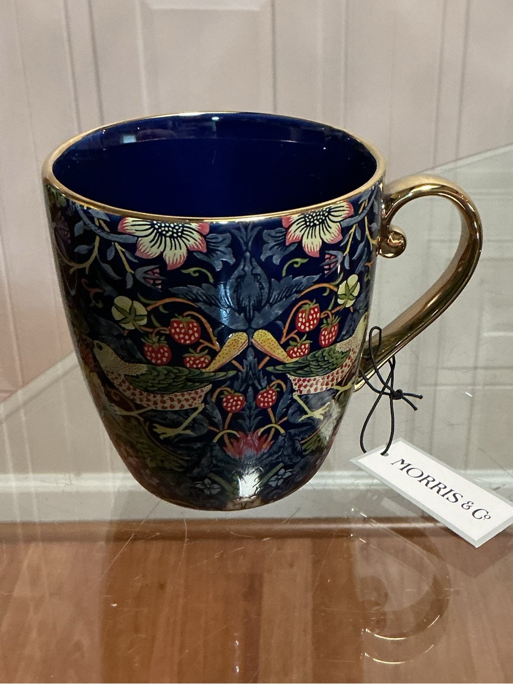 Morris & Co. Strawberry Thief Navy 16 oz. Coffee Mug In Premium Porcelain. NWT.